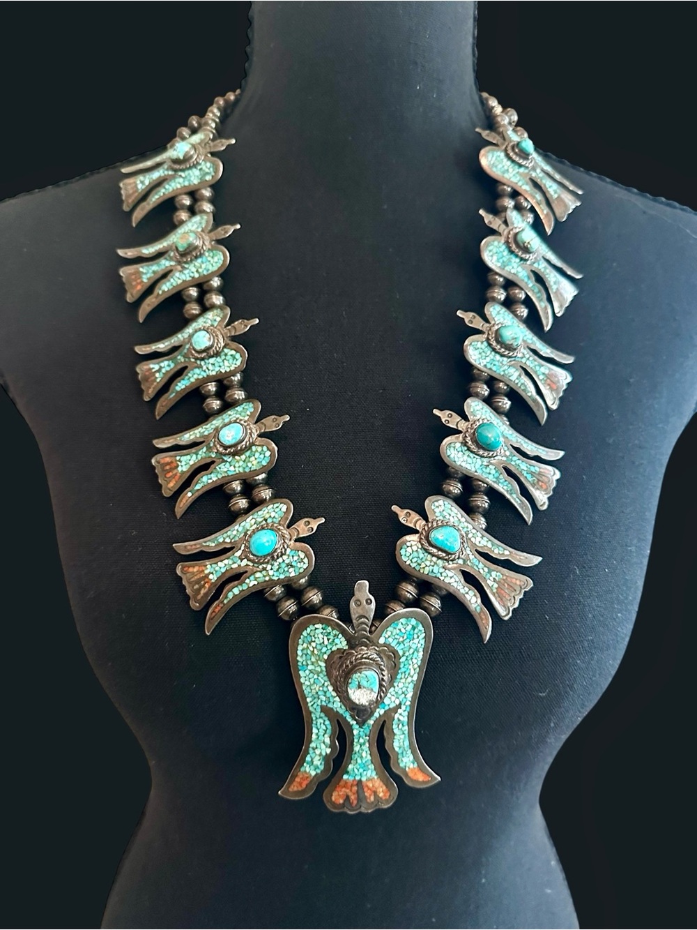 Vintage J Nelson Peyote Bird Turquoise Inlay Necklace 7.23oz